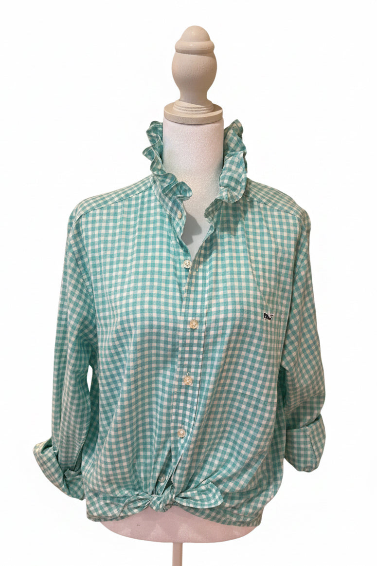 Vinyard Vines Turqoise and White Gingham Shirt